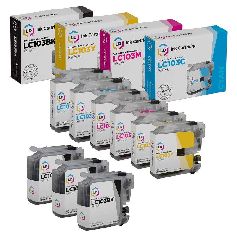 LD خراطيش حبر بديلة متوافقة من LD Products لطابعة Brother LC103 عالية السعة (3 أسود، 2 أزرق، 2 أرجواني، 2 أصفر، 9 عبوة) - Image 1